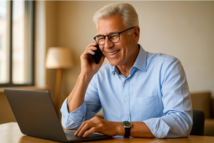 Man on phone using computer